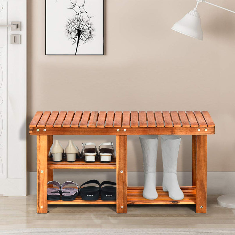 Giantex 2-Tier Shoe Bench Entryway Shoe Rack with Seat, Wood Organizer for Hallway, Bathroom