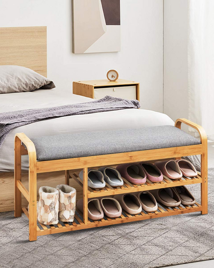 Giantex Shoe Rack Bench, Entryway 3-Tier Bamboo Shoe Organizer with Cushion (Natural and Grey)