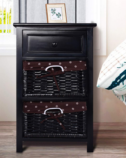 Giantex Wooden Nightstand 3 Tiers W/ 2 Baskets and 1 Drawer Bedside Sofa Storage Organizer
