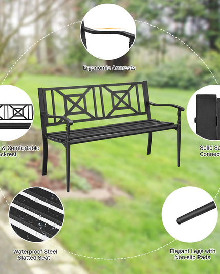 Giantex Elegant Loveseat w/Decorative Backrest & Ergonomic Armrest for Outdoor Garden, Backyard, Lawn, Porch, Path (Black)