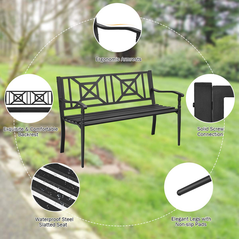 Giantex Elegant Loveseat w/Decorative Backrest & Ergonomic Armrest for Outdoor Garden, Backyard, Lawn, Porch, Path (Black)
