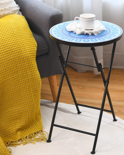 Giantex Folding Mosaic Patio Table, 14'' Outdoor Side Table Round Accent Table Plant Stand with Ceramic Tile Top