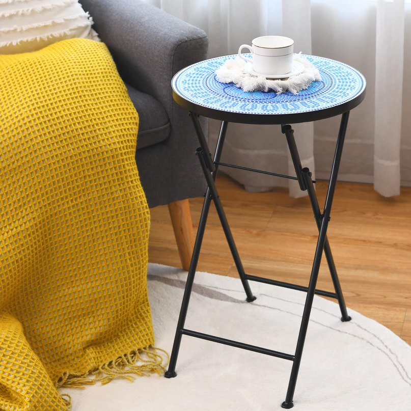 Giantex Folding Mosaic Patio Table, 14'' Outdoor Side Table Round Accent Table Plant Stand with Ceramic Tile Top