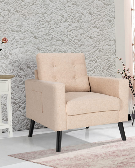 Linen Fabric Armchairs with Side Pockets and Wood Legs, Set of 2 - Giantex