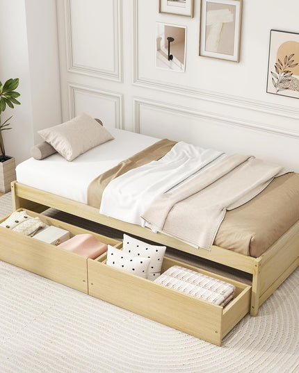 Giantex Twin Bed Frame with 2 Storage Drawers, Solid Wood Platform Bed with Slats Support