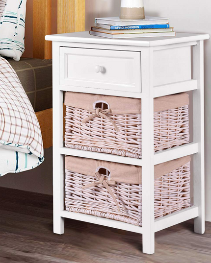 Giantex Wooden Nightstand 3 Tiers W/ 2 Baskets and 1 Drawer Bedside Sofa Storage Organizer