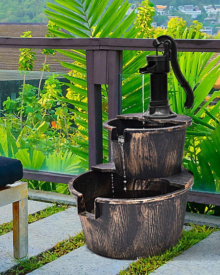 Giantex 2-Tier Rustic Barrel Waterfall Fountain with Pump