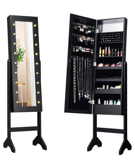 Standing Jewelry Armoire with 18 LED Lights Around the Door
