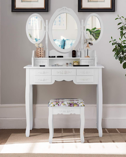 Vanity Set with Tri-Folding Mirror and Cushioned Stool - Giantex