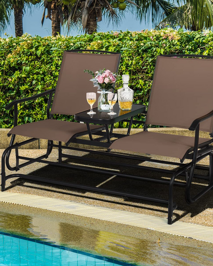 Giantex 2 Person Outdoor Double Glider Chair, Mesh Fabric Rocking Chair w/Center Tempered Glass Table