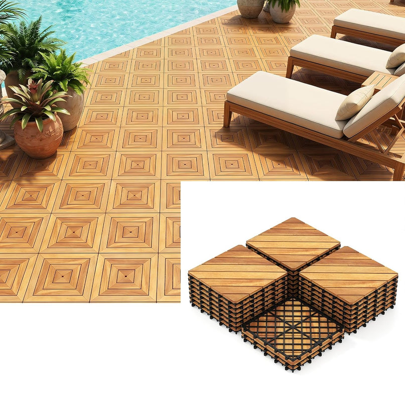 Giantex 12" x 12" Acacia Wood Interlocking Patio Flooring Tiles with Drainage Base