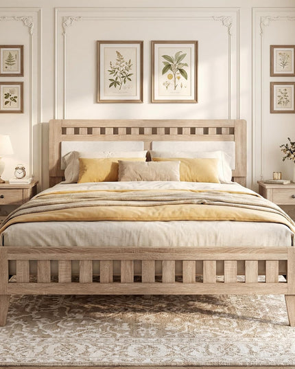 Giantex Wood Twin/Full/Queen Size Bed Frame with Upholstered Headboard Mid-Century Platform Bed