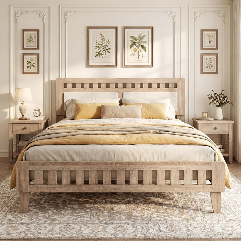 Giantex Wood Twin/Full/Queen Size Bed Frame with Upholstered Headboard Mid-Century Platform Bed