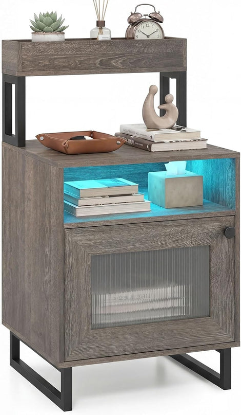Giantex Night Stand with LED Lights | Tall Sofa Side Couch End Table w/Top Tray (1/2)