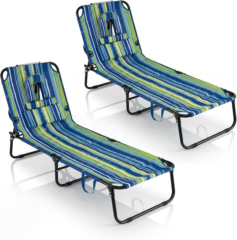 Giantex Folding Beach Tanning Chair - Adjustable Patio Lounge Chair w/Face Hole