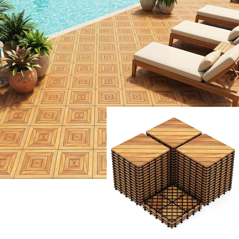 Giantex 12" x 12" Acacia Wood Interlocking Patio Flooring Tiles with Drainage Base