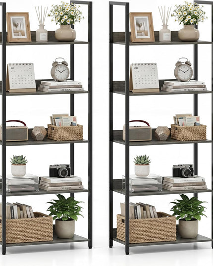 Giantex 5-Tier Tall Wooden Open Bookcase with Back Panels & Metal Frame (1/2)