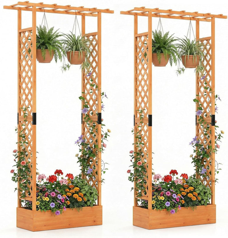 Giantex 89”Wooden Raised Garden Bed with Trellis & Hanging Roof