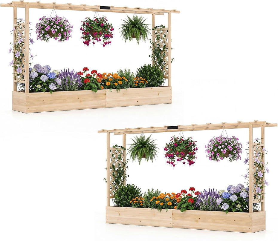 Giantex 45”Fir Wood Raised Garden Bed with Trellis & Hanging Roof