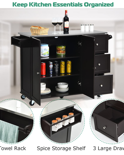 Giantex Kitchen Island with Stainless Steel Countertop, Dark Brown