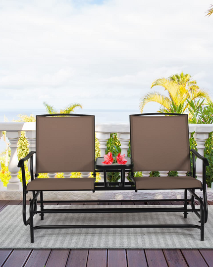 Giantex 2 Person Outdoor Double Glider Chair, Mesh Fabric Rocking Chair w/Center Tempered Glass Table