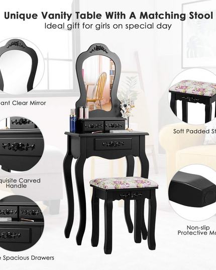 Vanity Set with 3 Drawers and Cushioned Stool