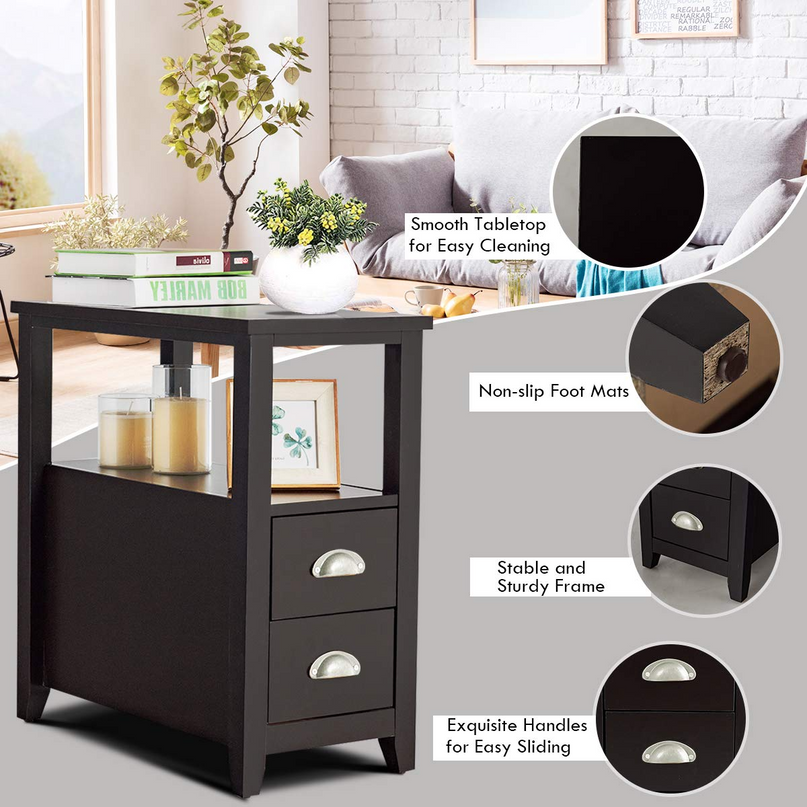 Giantex End Table Wooden W/ 2 Drawers and Shelf Space-Saving Rectangular Bedside Table