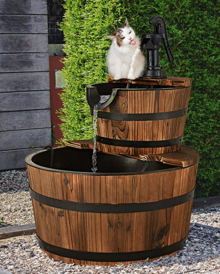 Giantex 2-Tier Barrel Waterfall Fountain with Hand Pump