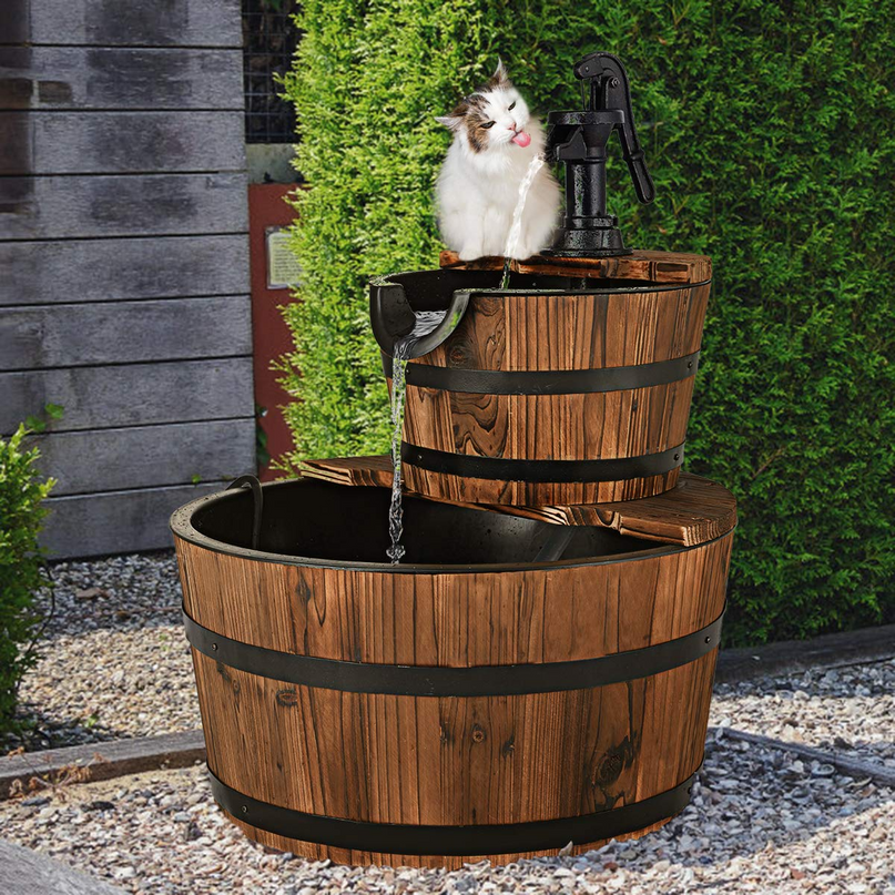 Giantex 2-Tier Barrel Waterfall Fountain with Hand Pump