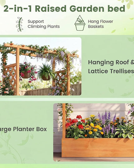Giantex 89”Wooden Raised Garden Bed with Trellis & Hanging Roof