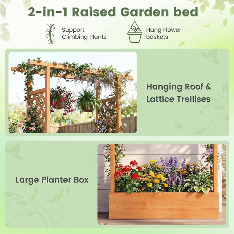 Giantex 89”Wooden Raised Garden Bed with Trellis & Hanging Roof