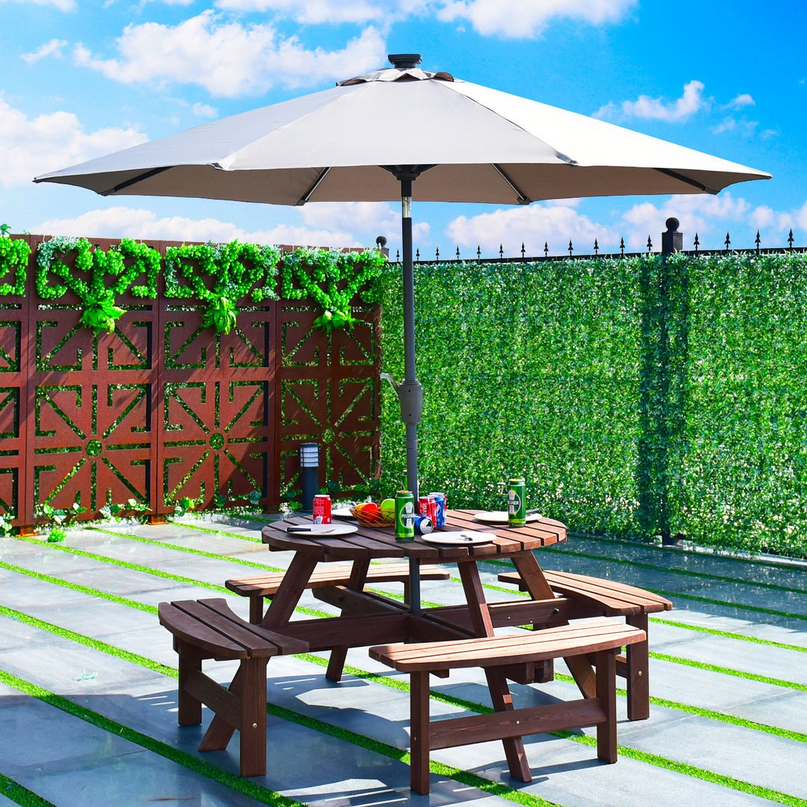 Giantex Wooden Picnic Table Set with Wood Bench, 4 Adults or 8 Kids Outdoor Round Table with Umbrella Hold Design