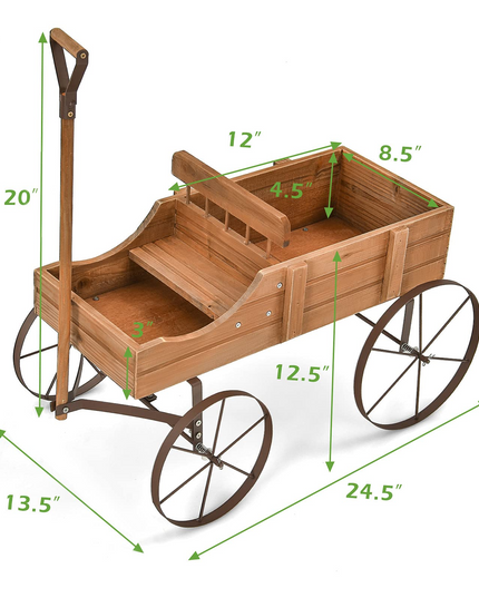 Giantex Decorative Garden Planter, Small Wagon Cart with Metal Wheels, Wood Raised Beds Plant Pot Stand for Backyard Garden Patio 24.5"x13.5"x24"