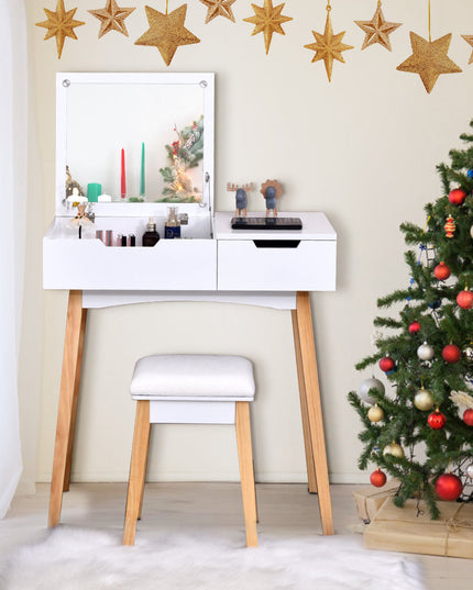 CHARMAID Vanity Table with Flip Top Mirror and Cushioned Stool, White - Giantexus