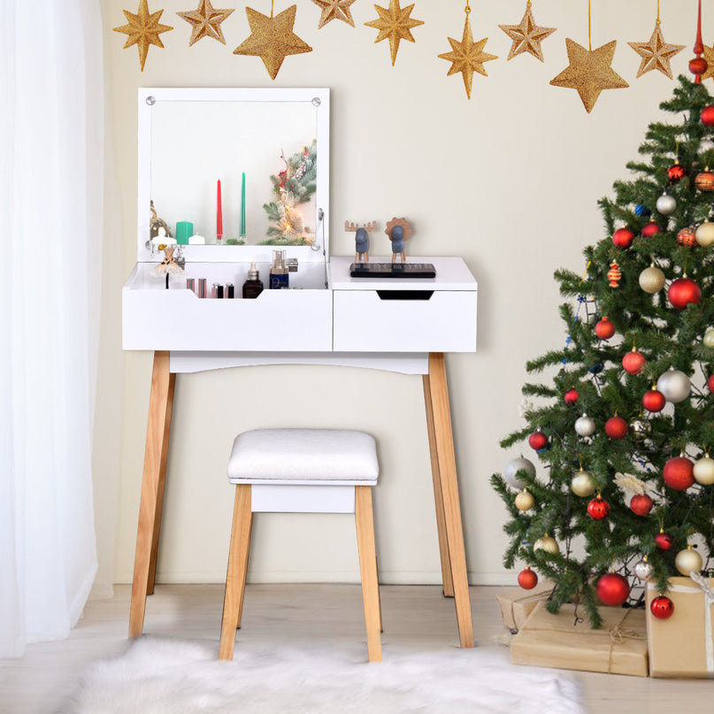 CHARMAID Vanity Table with Flip Top Mirror and Cushioned Stool, White - Giantexus