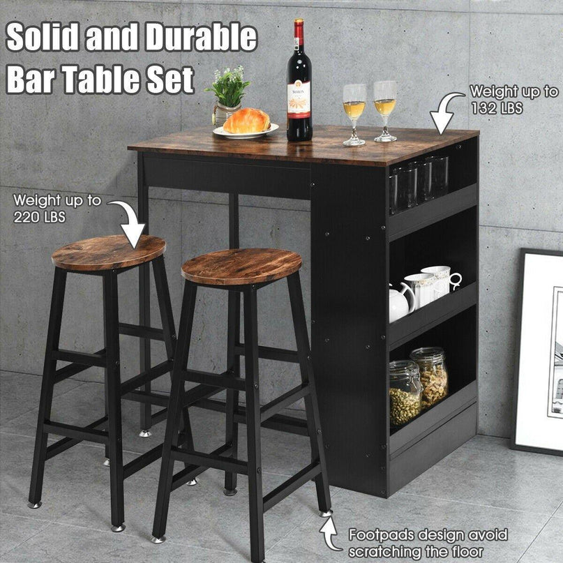 3 Piece Pub Dining Set, Wooden Counter Height Table Set with 2 Bar Stools (Brown) - Giantexus