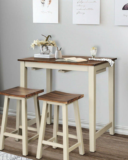 3 Piece Pub Dining Set, Counter Height Pub Table with 2 Saddle Bar Stools, Tavern Collection Table (Brown & Milky White) - Giantexus
