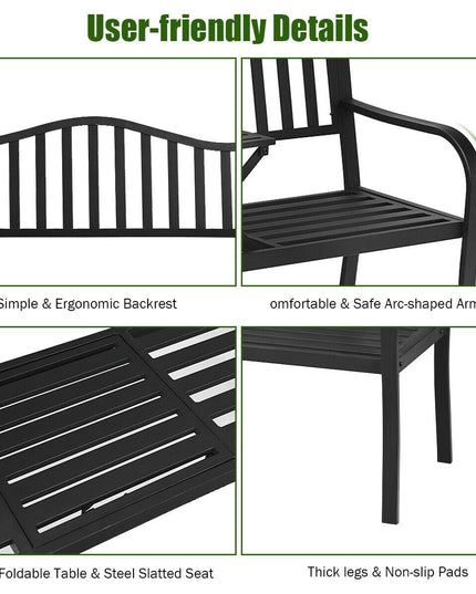 Giantex Patio Bench w/ Pullout Middle Table, Outdoor Benches2-3 Person, Metal Benches for Outside (Black)