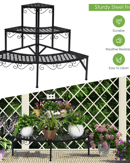 Giantex Étagère d'angle pour plantes, support métallique à 3 niveaux pour fleurs, étagère d'angle en forme d'échelle pour plantes en pot.