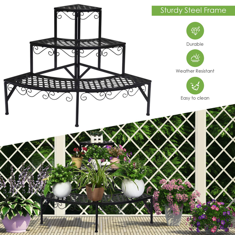 Giantex Étagère d'angle pour plantes, support métallique à 3 niveaux pour fleurs, étagère d'angle en forme d'échelle pour plantes en pot.