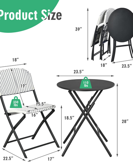 Giantex 3 Pieces Patio Dining Set, Folding Bistro Table with 2 Rattan Chairs