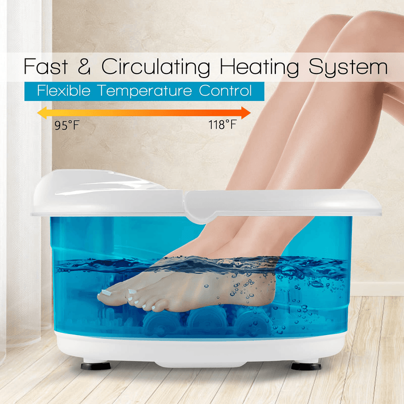 Giantex Foot Spa Bath Massager with Heat Bubbles, 6 Motorized Massage Rollers, Fast Heating, Red Light, Adjustable Temperature & Time (Blue/White) - Giantexus