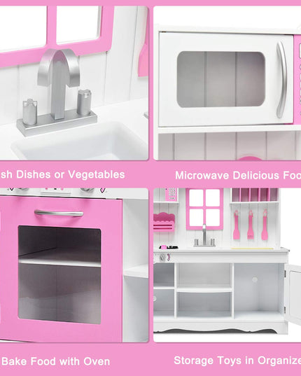 Giantex Wood Play Kitchen, Pink Kids Kitchen Playset for Toddlers
