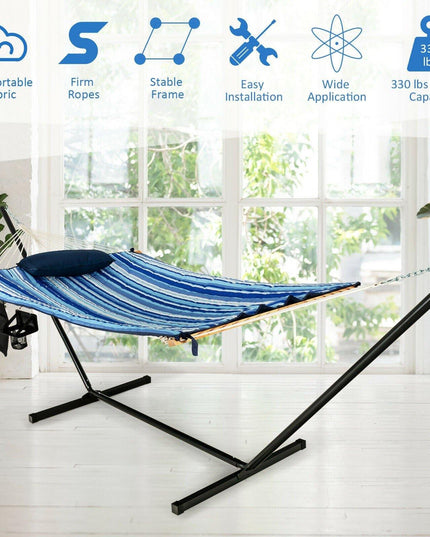 12Ft Hammock with Stand, 2 Person Heavy-Duty Steel Hammock Stand, 450 lbs Capacity (Blue and Beige Striped) - Giantexus