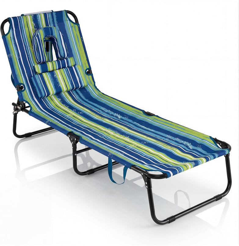Giantex Folding Beach Tanning Chair - Adjustable Patio Lounge Chair w/Face Hole