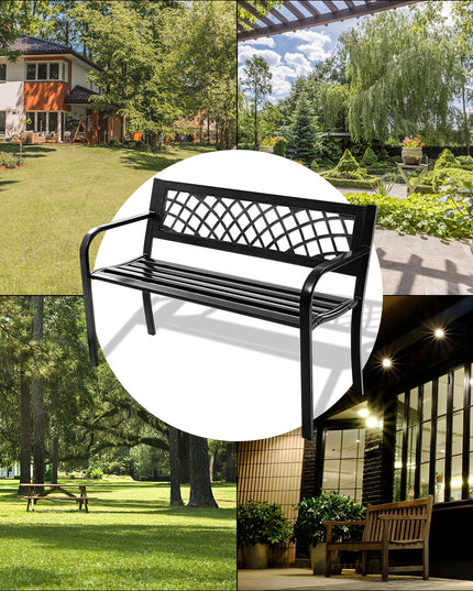 Giantex Patio Garden Bench Loveseats Park Yard Furniture Decor Cast Iron Frame Black (Black Steel W/ PVC Mesh Pattern)