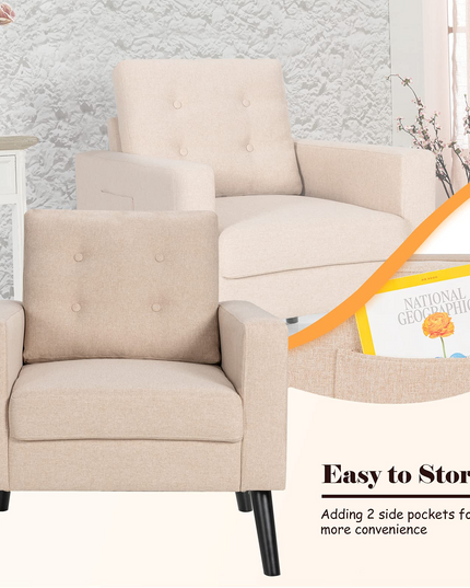 Linen Fabric Armchairs with Side Pockets and Wood Legs, Set of 2 - Giantex