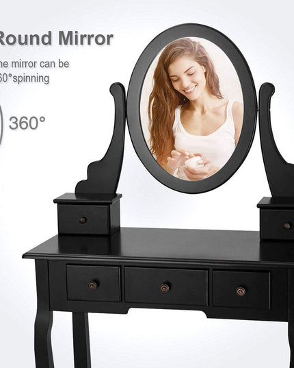 Giantex  Round 360 Degree Rotation Swivel Mirror Dressing Table Stool Wooden Vanity Set (Black with 5 Drawer)