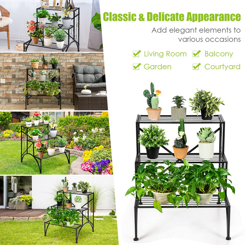 Giantex 3 Tiers Metal Plant Stand, Ladder Plant Display Rack Large Flower Pots Holder
