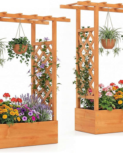 Giantex 45" Wooden Raised Garden Bed with Trellis & Hanging Roof